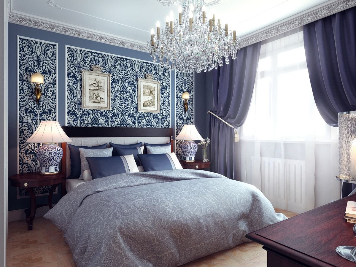 Синяя спальня в классическом стиле