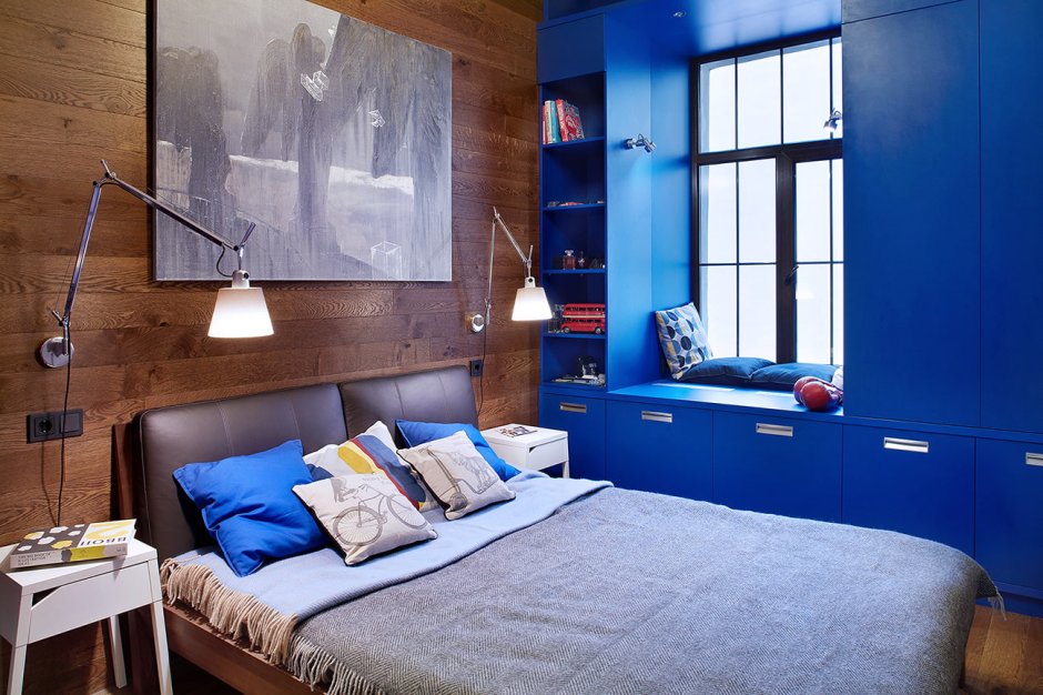 Спальня в стиле лофт синяя