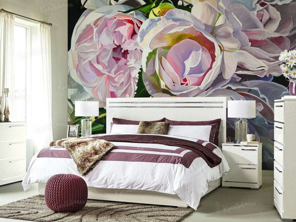 Красивая спальня с пионами для карты желаний