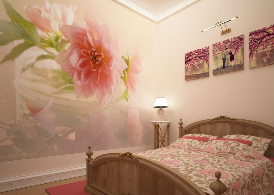 Спальня в розовом цвете с фотообоями