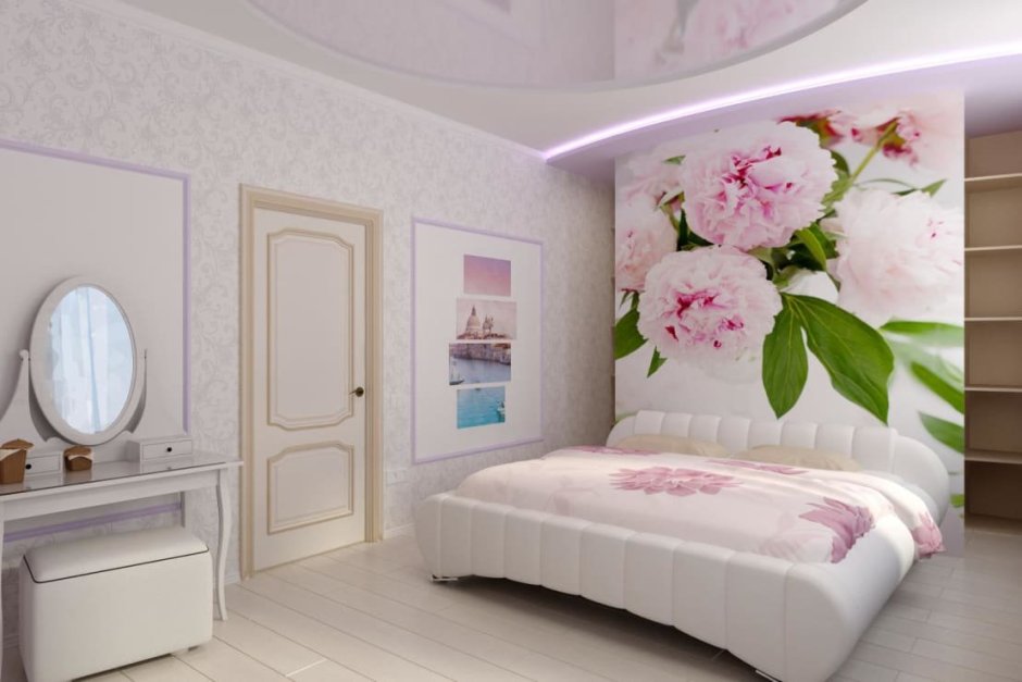 Спальня с пионами на стенах