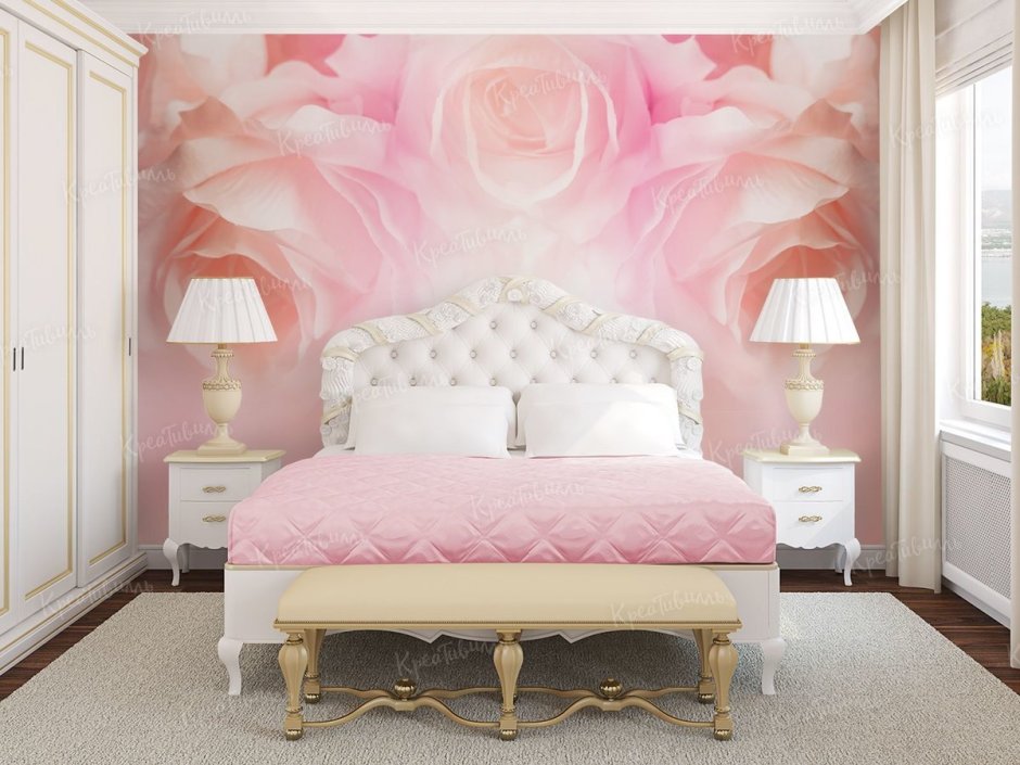 Фреска розовая в интерьере спальни