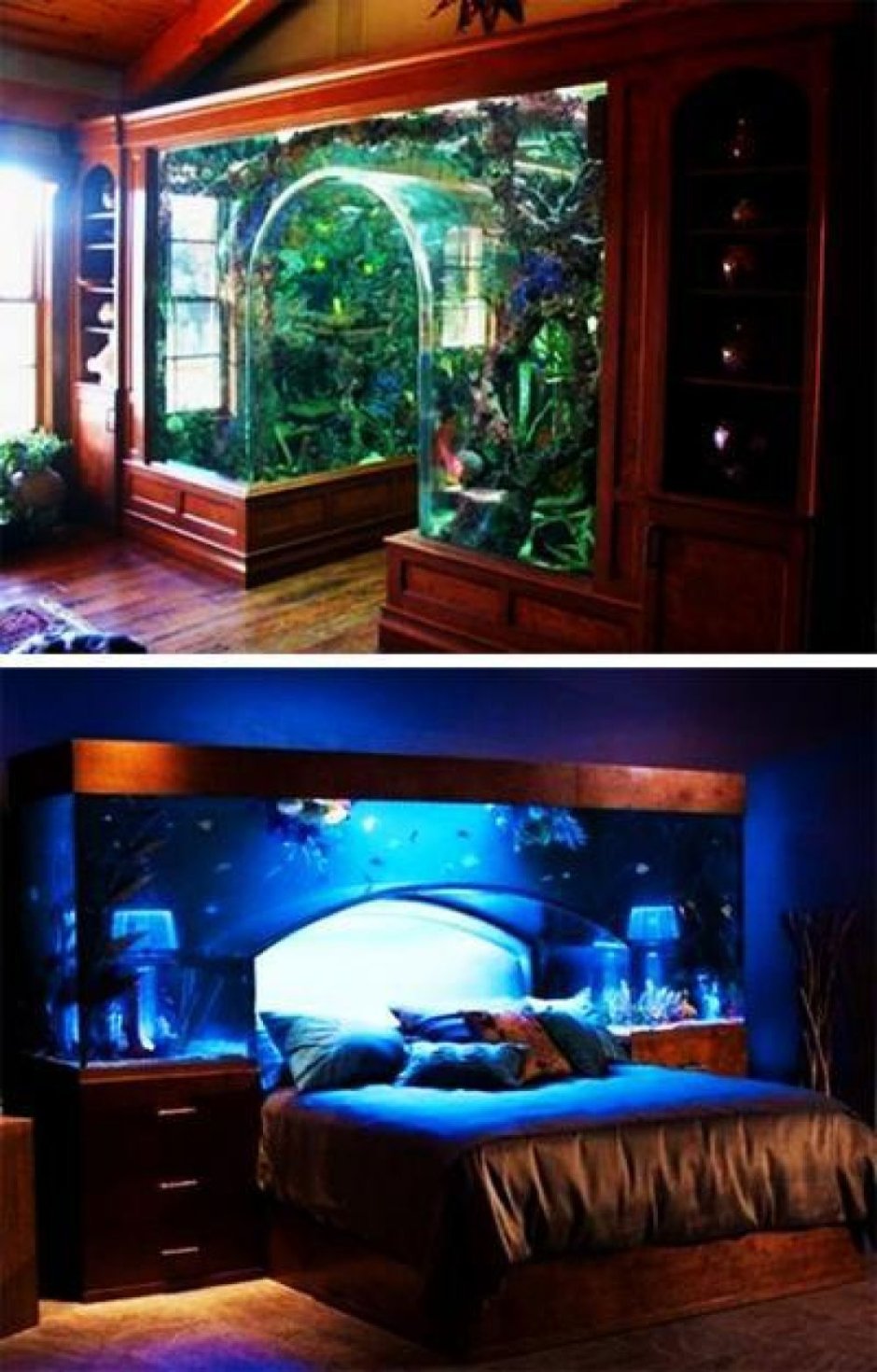 Спальня с большим аквариумом