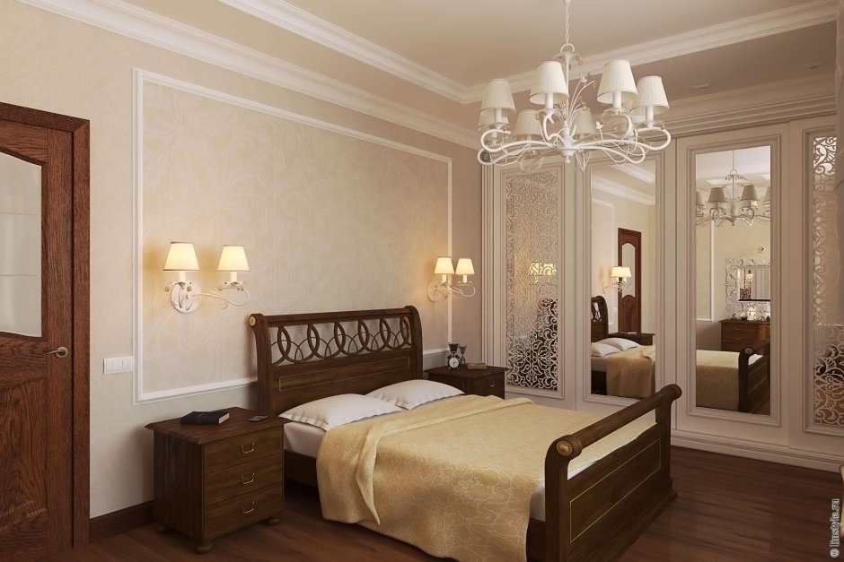 Спальня в классическом стиле с коричневой мебелью