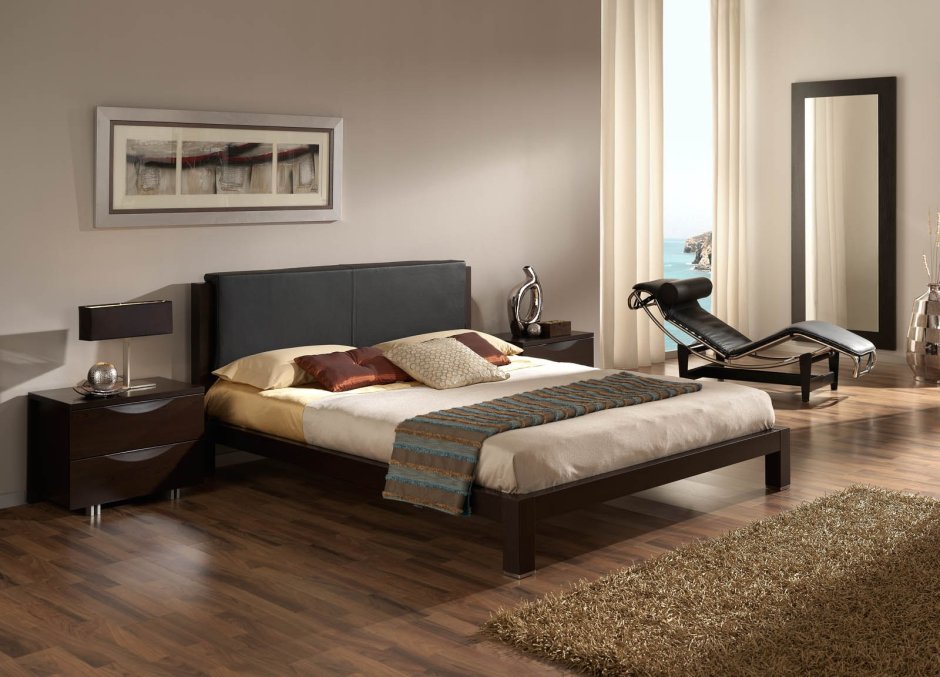 Современная спальня с темной мебелью