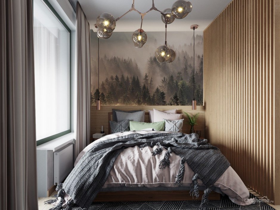 Спальня в Сканди стиле с деревянными рейками