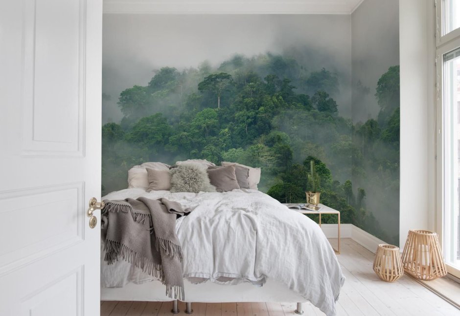 Фотообои лес в интерьере спальни