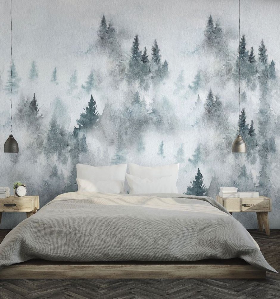 Фреска туманный лес в спальне