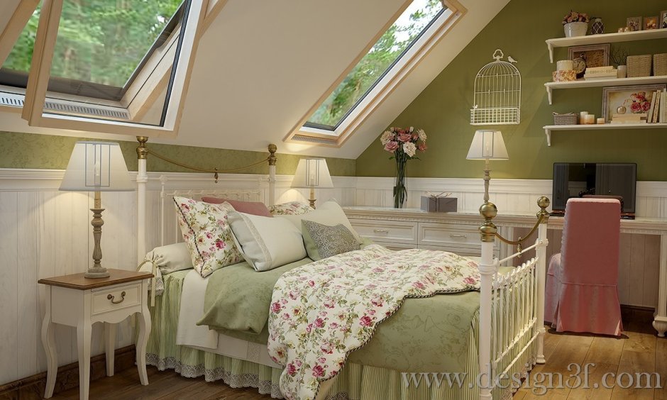 Спальня на мансарде в стиле Прованс зеленый