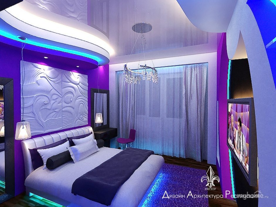 Спальня в фиолетовых тонах с подсветкой