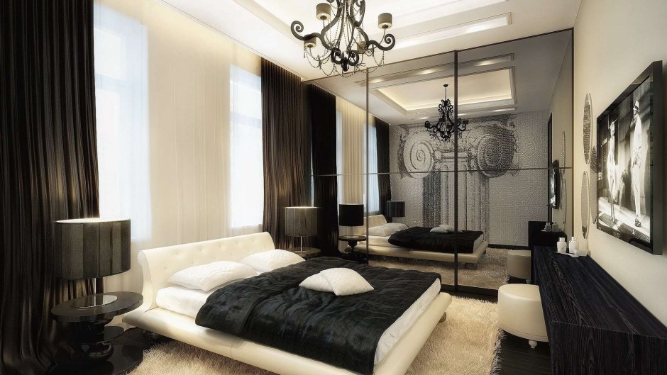 Интерьер спальни с бежевыми шторами и черной мебелью