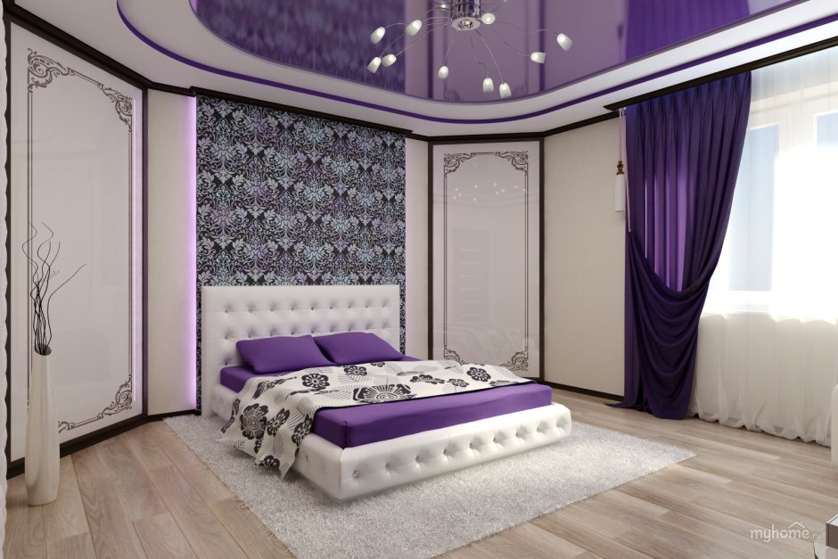 Спальня в бело фиолетовых тонах