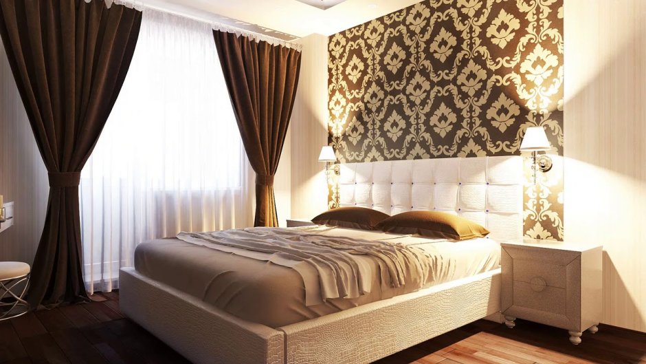 Шторы к коричневым обоям в спальне