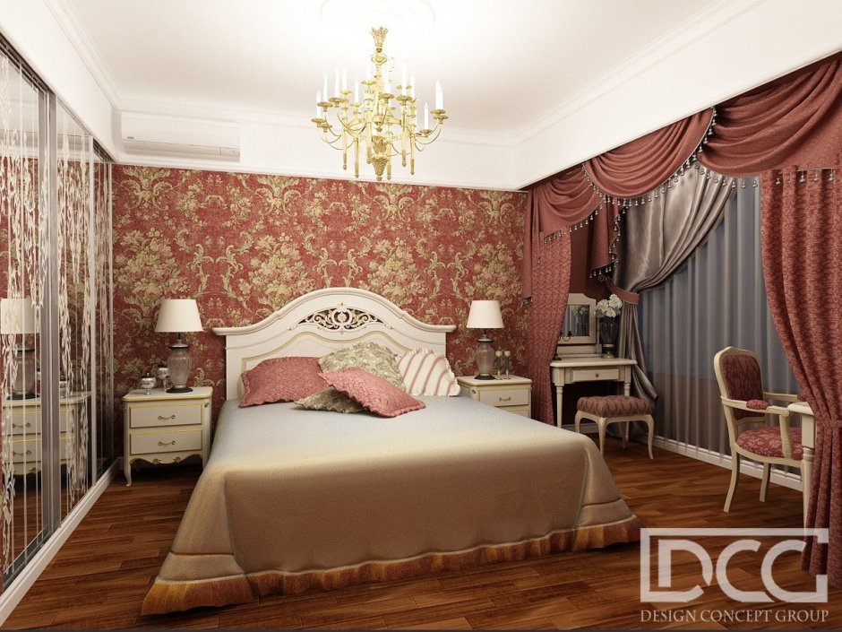 Классическая спальня в бежево бордовых тонах