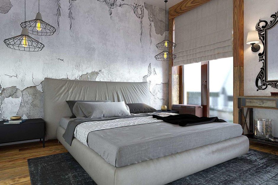 Спальня в стиле лофт с бетоном