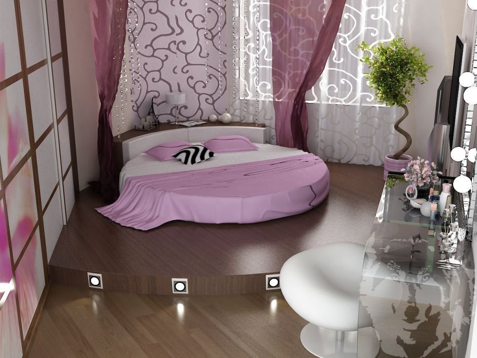 Круглая кровать в маленькой спальне
