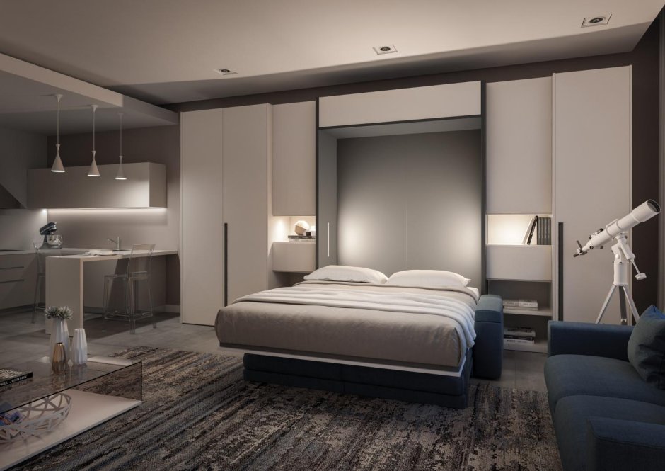 Спальный гарнитур с навесными шкафами над кроватью