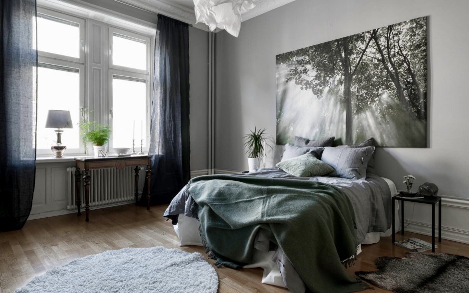 Спальня в скандинавском стиле серо-зеленые цвета