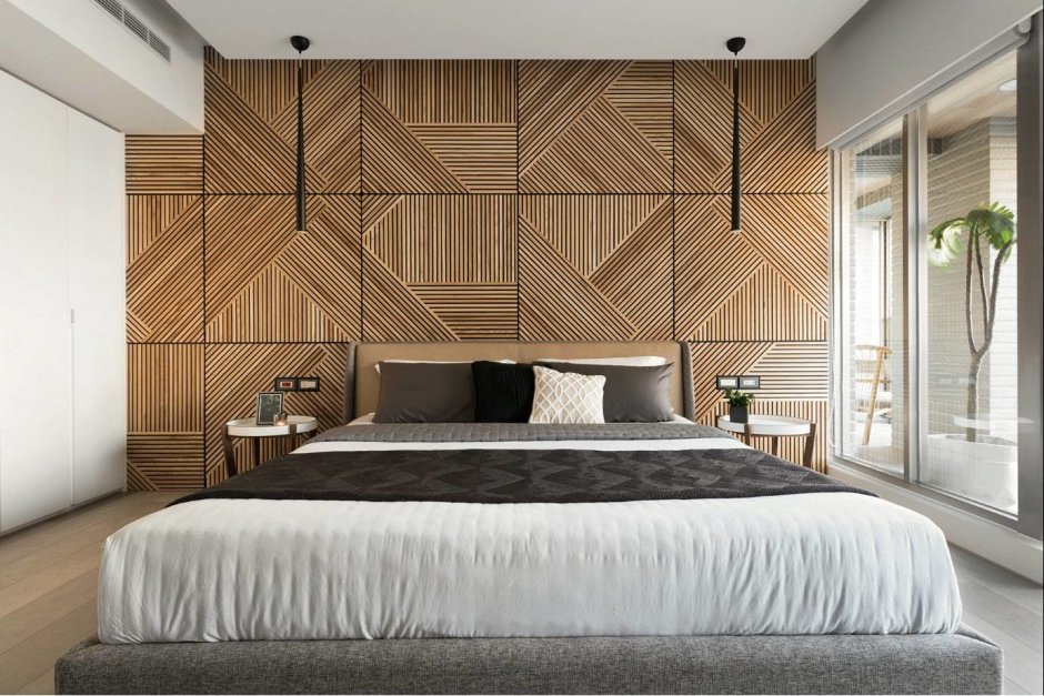 Спальня в стиле лофт с деревянными рейками