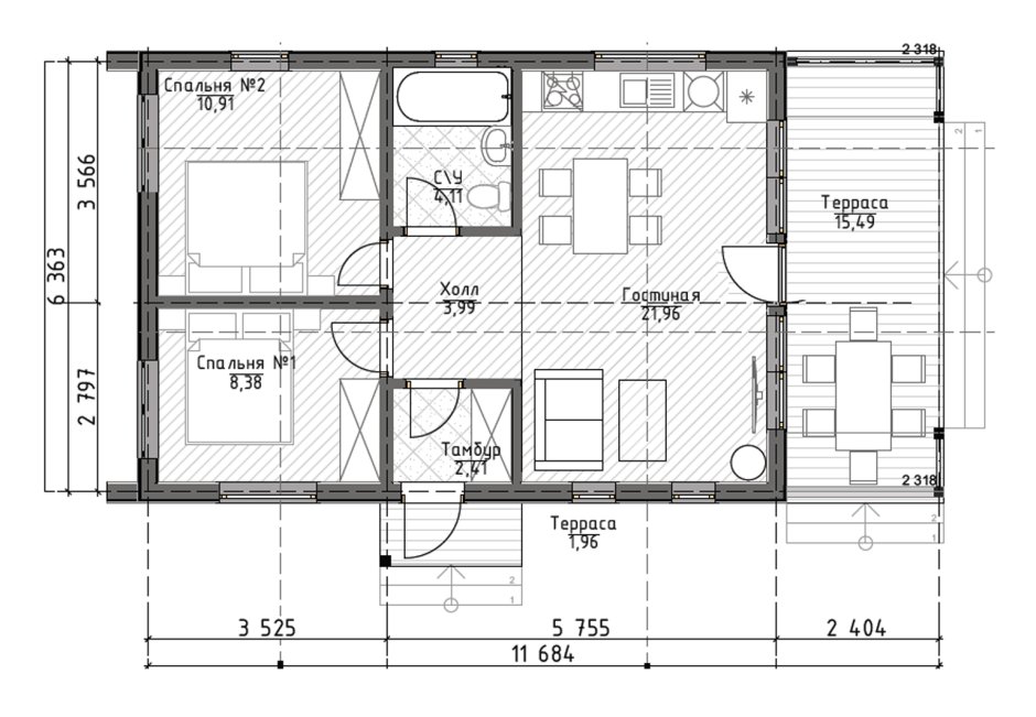 Планировка барнхаус одноэтажный 2 спальни