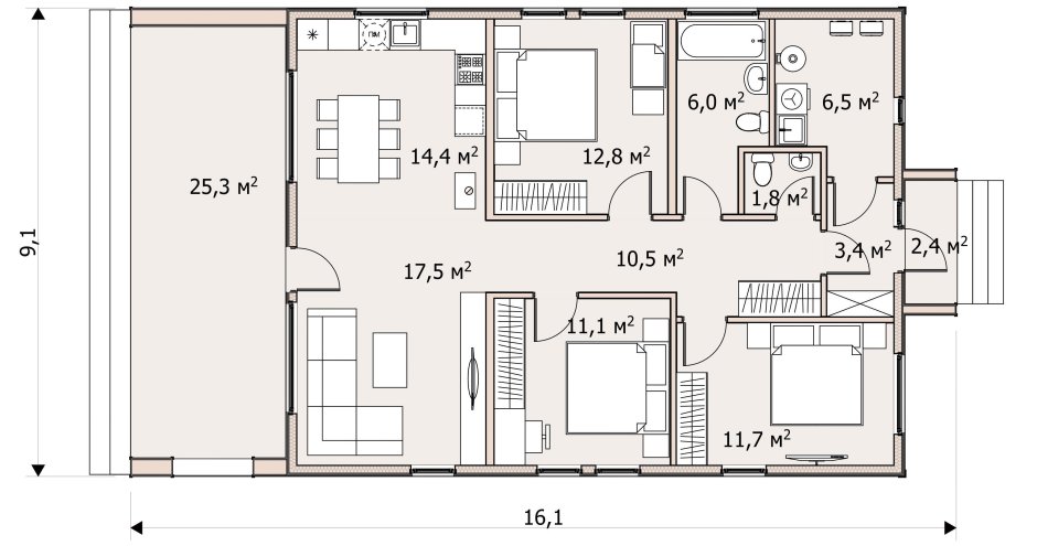 Барнхаус одноэтажный планировка 100м2