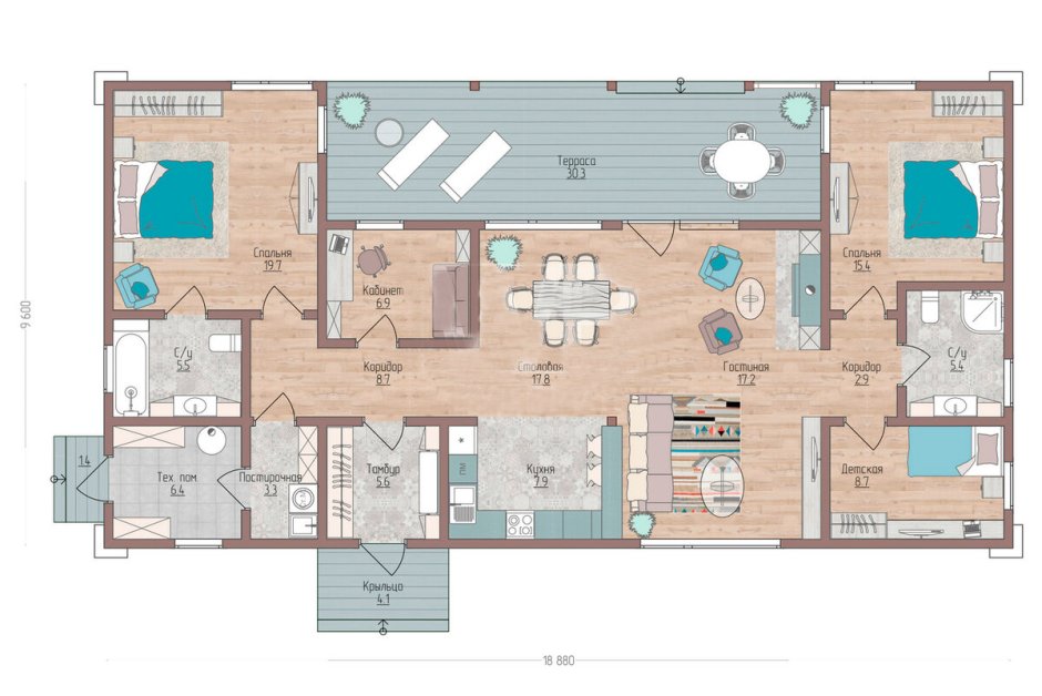 Барнхаус одноэтажный планировка 100м2