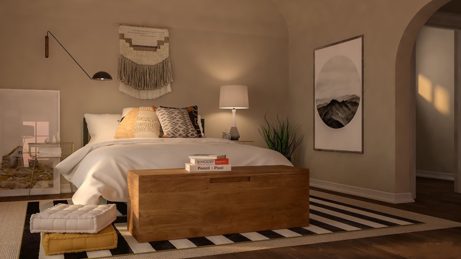 Маленькая спальня с ламинатом на стене