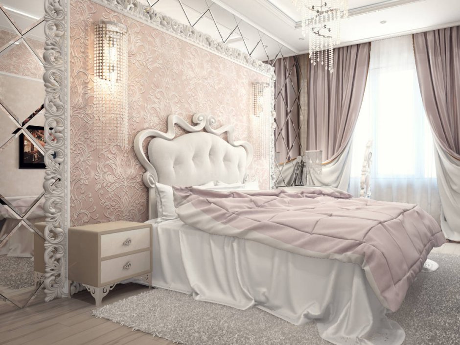 Спальня в классическом стиле в светлых тонах 12м2