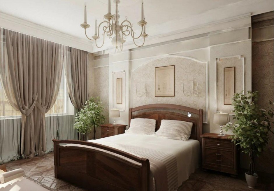 Интерьер спальни в классическом стиле с темной мебелью