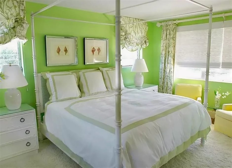Спальня в бело зеленых тонах