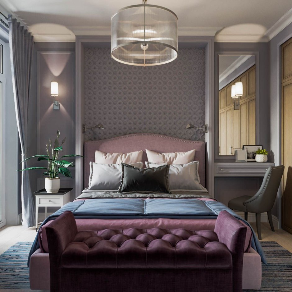 Серо бордовая спальня
