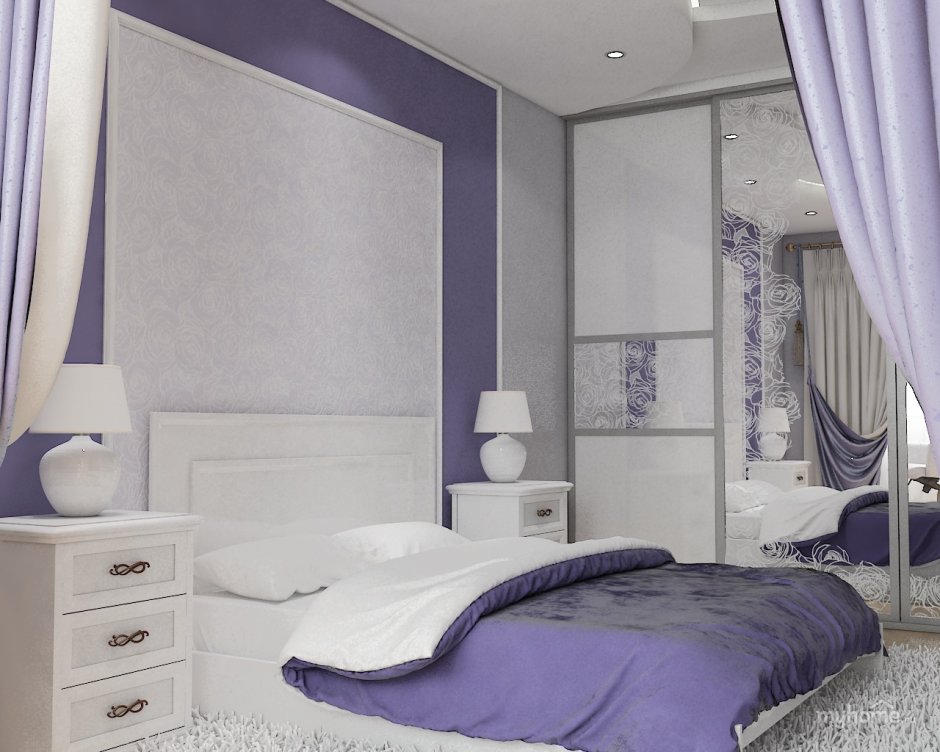 Спальня в бело серо фиолетовых тонах