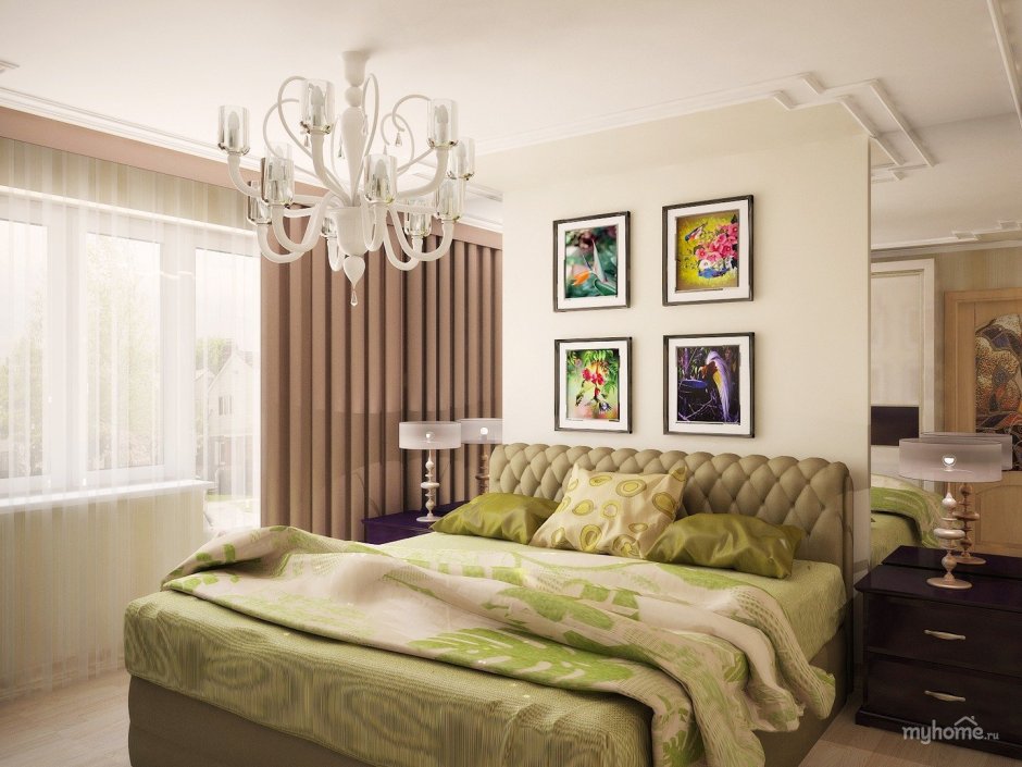 Интерьер спальни в бежево зеленых тонах