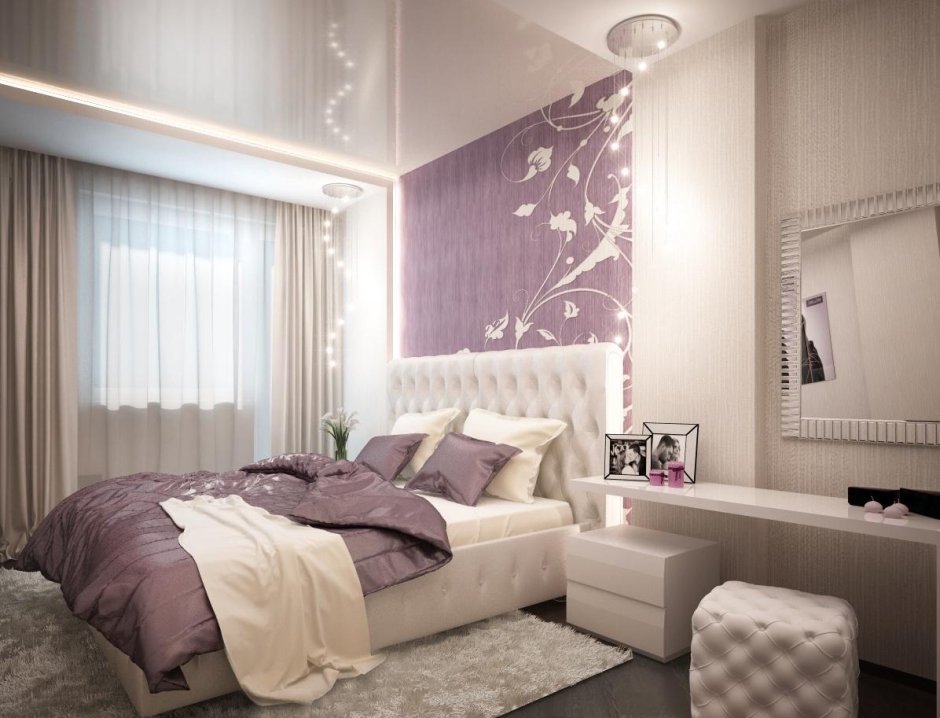 Спальня в бежево-сиреневых тонах