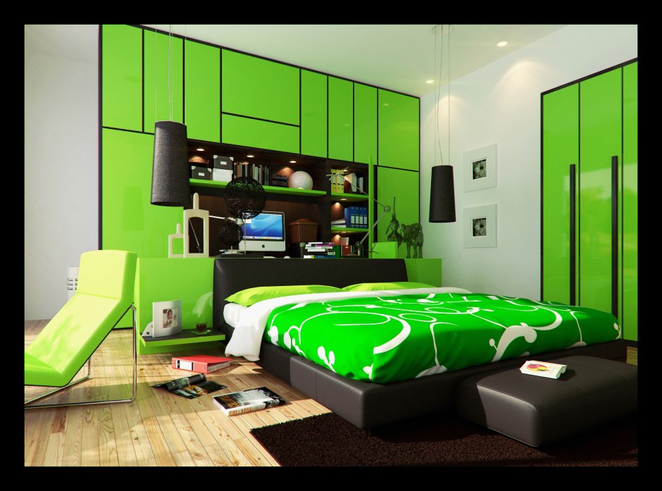 Кислотно зеленая спальня