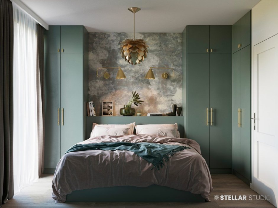 Шкаф изумрудного цвета в интерьере спальни
