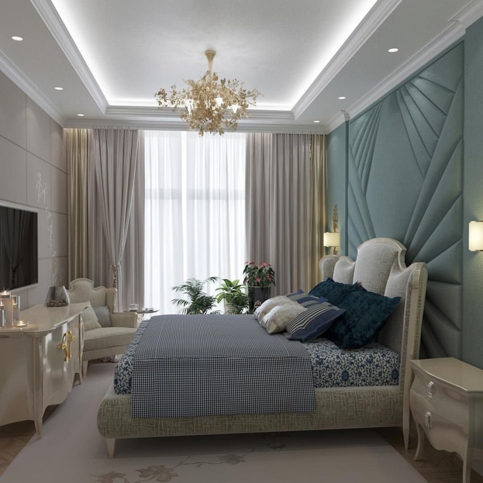 Бежево голубая спальня