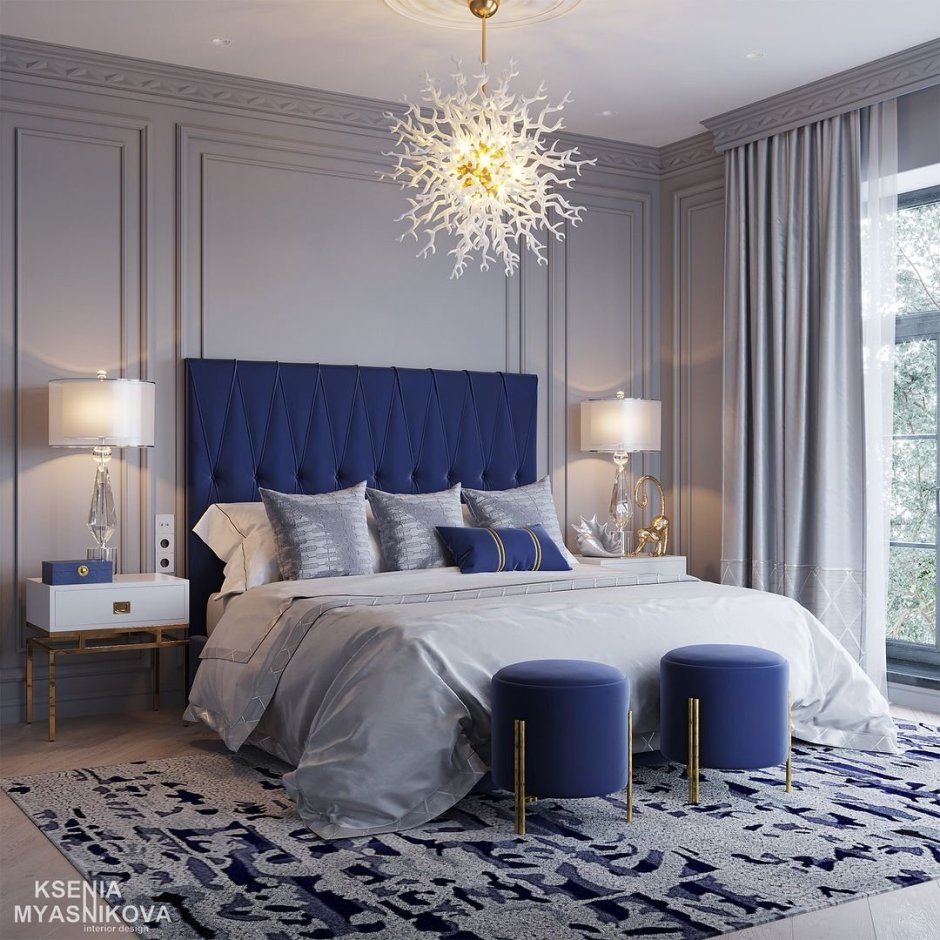 Сине бежевая спальня