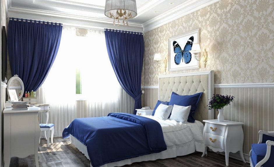 Спальня в голубых и бежевых тонах