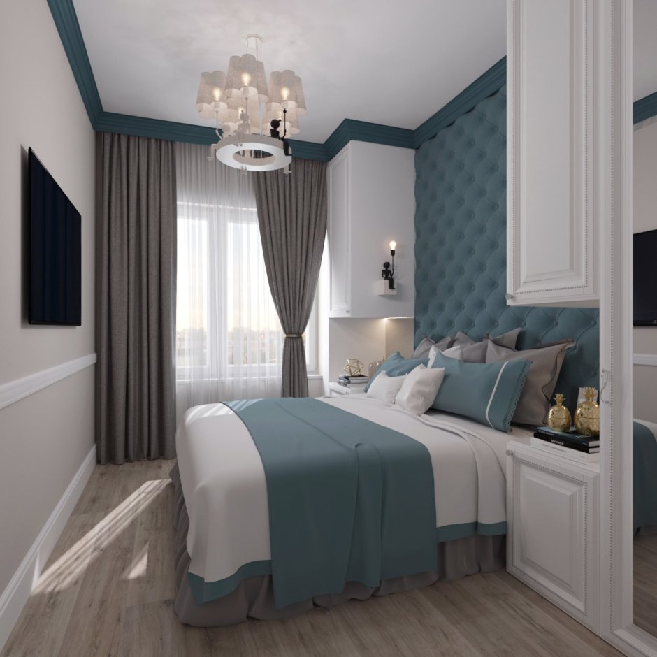 Синие шторы в спальне