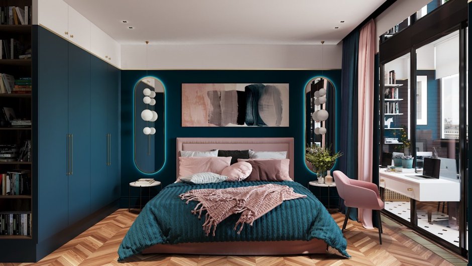 Голубая спальня с темной мебелью