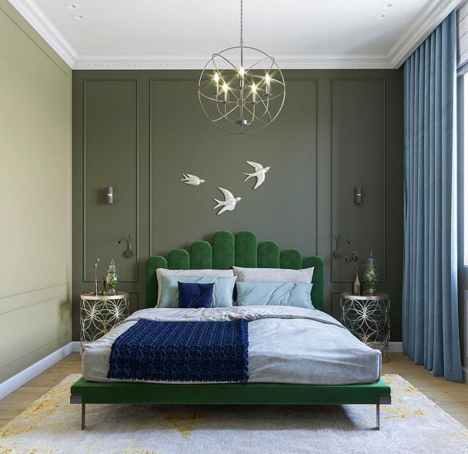 Интерьер спальни в итальянском стиле в зеленых тонах
