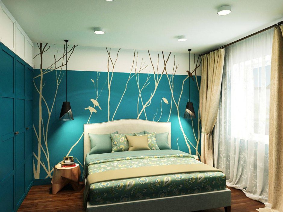 Синяя кровать в интерьере спальни