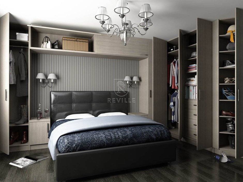 Спальня в серых тонах со шкафом