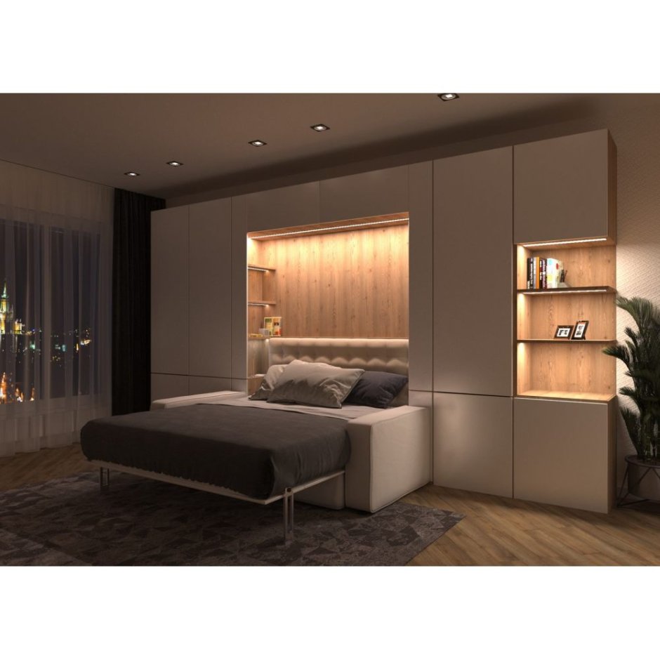 Спальная комната с кроватью телевизором и шкафами