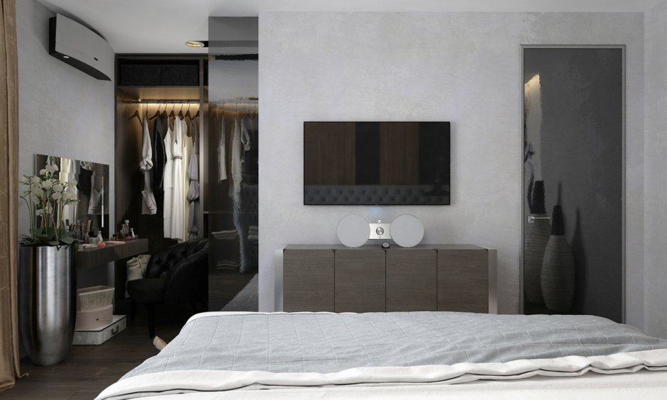 Спальня с гардеробной за кроватью