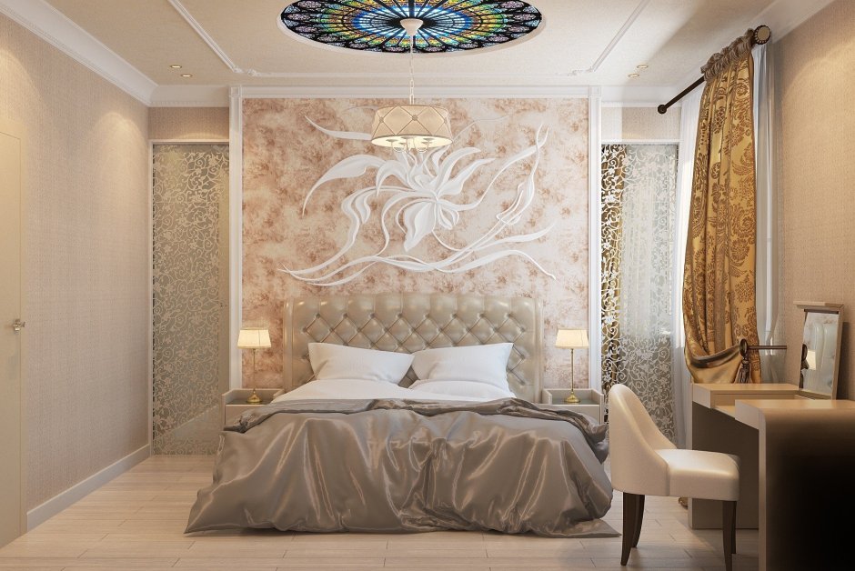 Лепнина на стенах в интерьере спальни