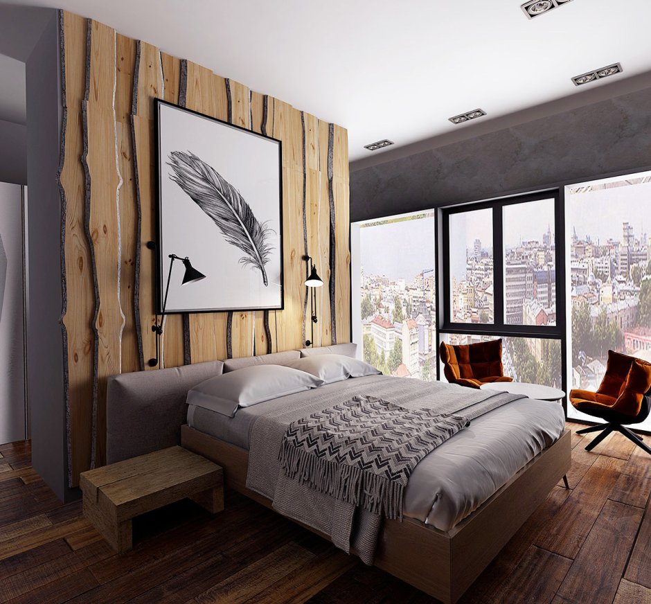 Спальня с деревянными элементами