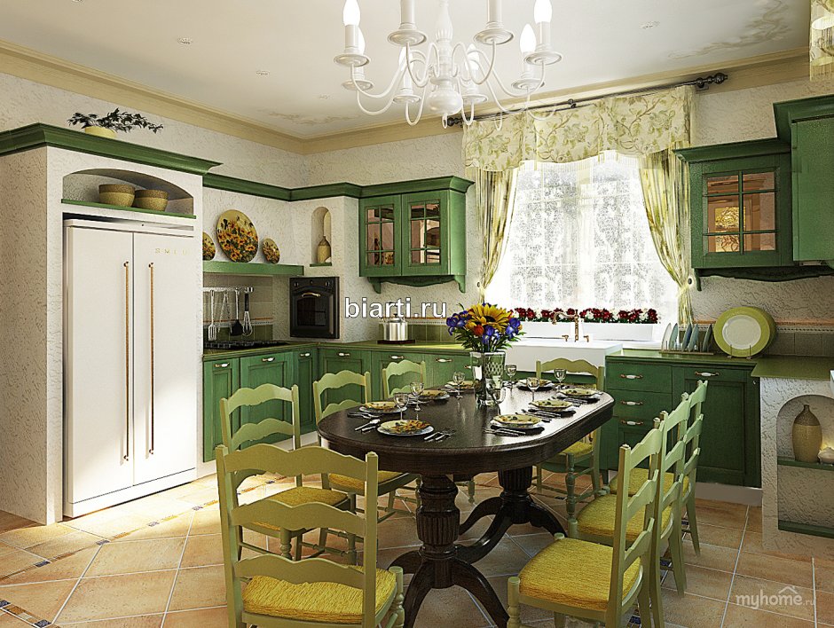 Зеленая кухня гостиная в стиле Прованс