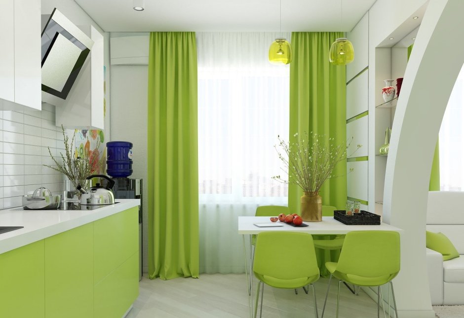 Кухня белая с зелеными стульями